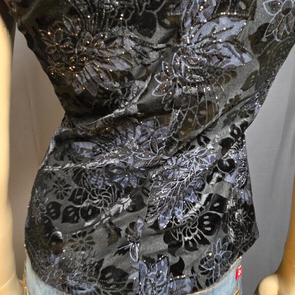 Vintage 90s Y2K  Black Flocked Velvet Top Size M Sleeveless Glitter Whimsigoth - Picture 8 of 9